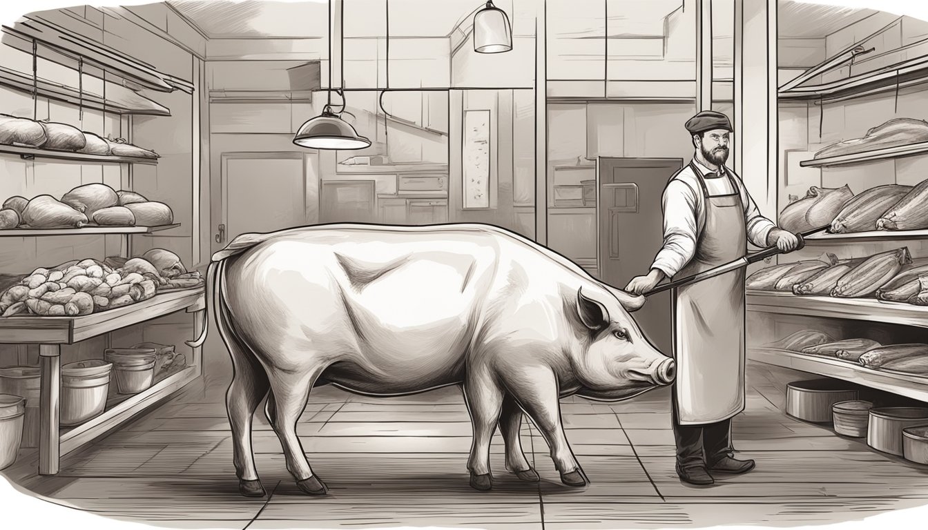 A butcher separates hog by-products for utilization