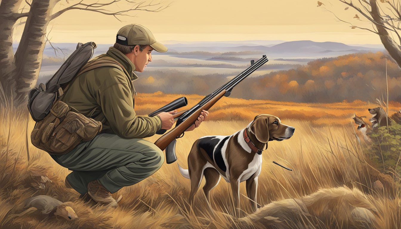 A hunter loads shells into a shotgun, while a hunting dog eagerly awaits the upcoming upland game bird hunt