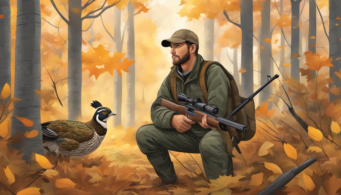 A hunter in camouflage waits in a forest clearing, shotgun at the ready. Fall leaves carpet the ground as a covey of quail takes flight