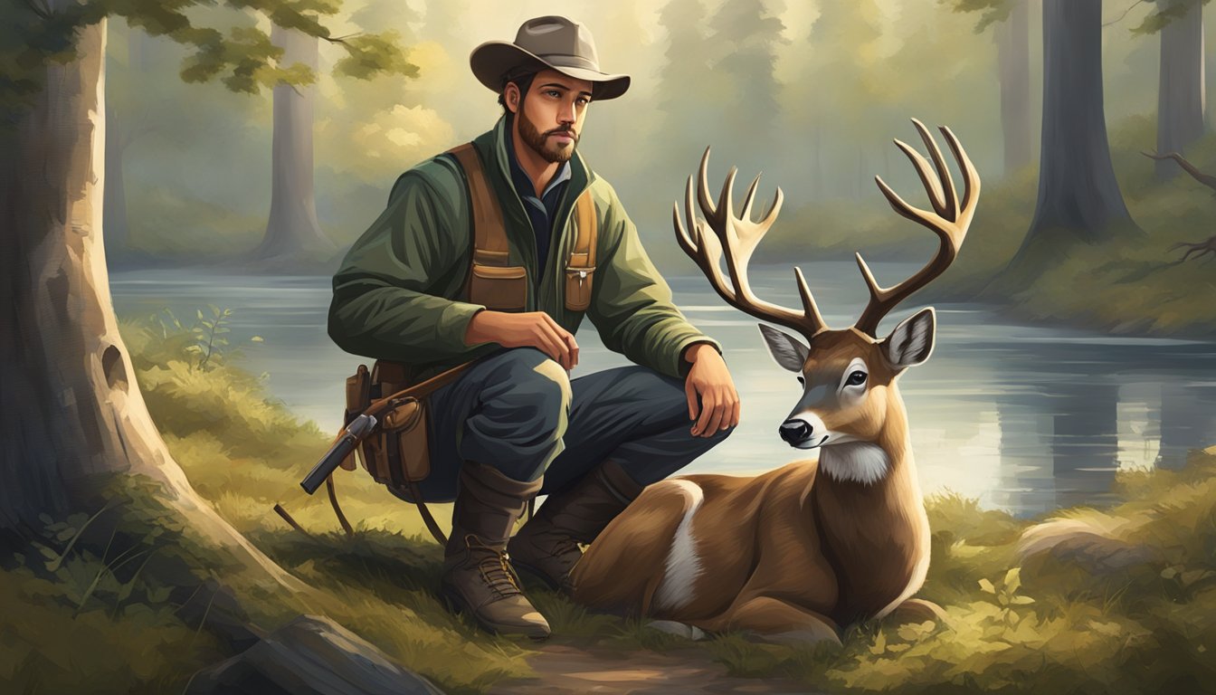 A hunter kneeling beside a freshly caught deer, surrounded by trees and a tranquil forest setting