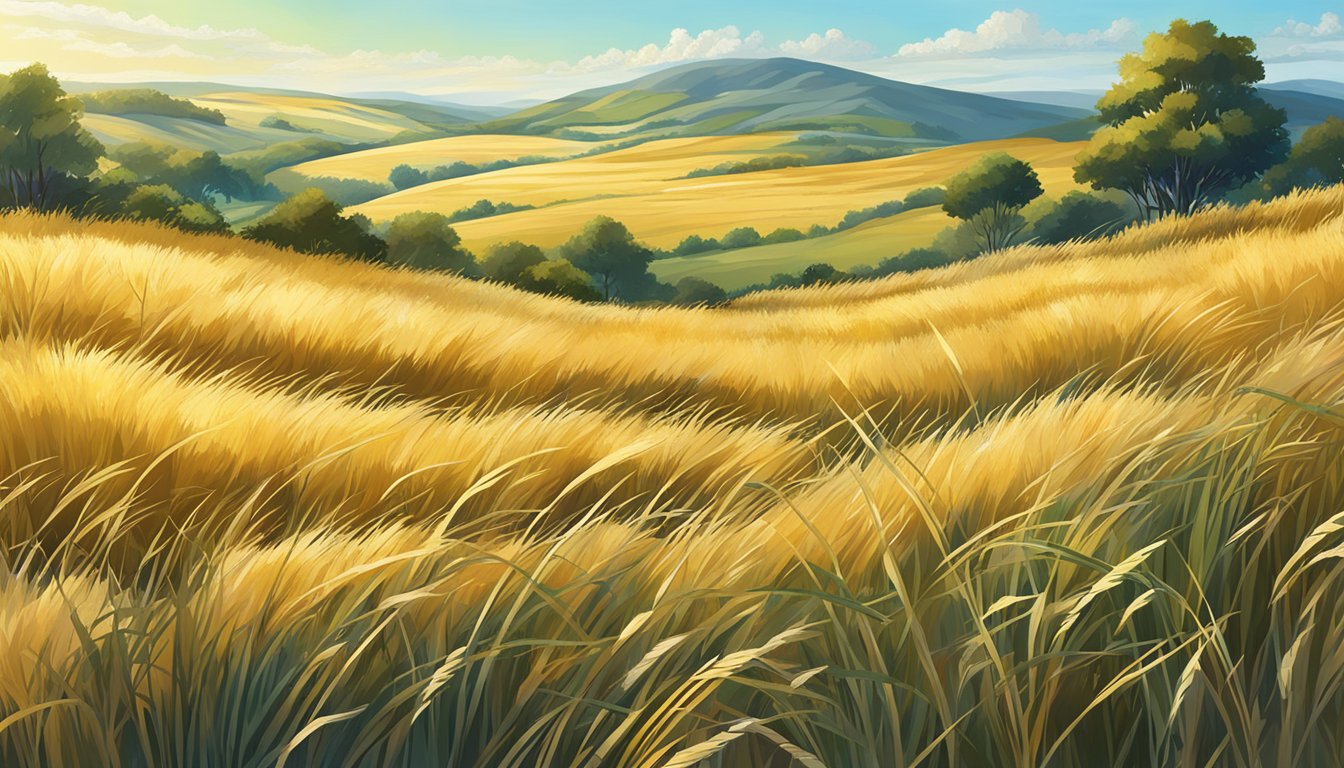 A golden field of tall grasses and scattered bushes, with a backdrop of rolling hills and a bright blue sky