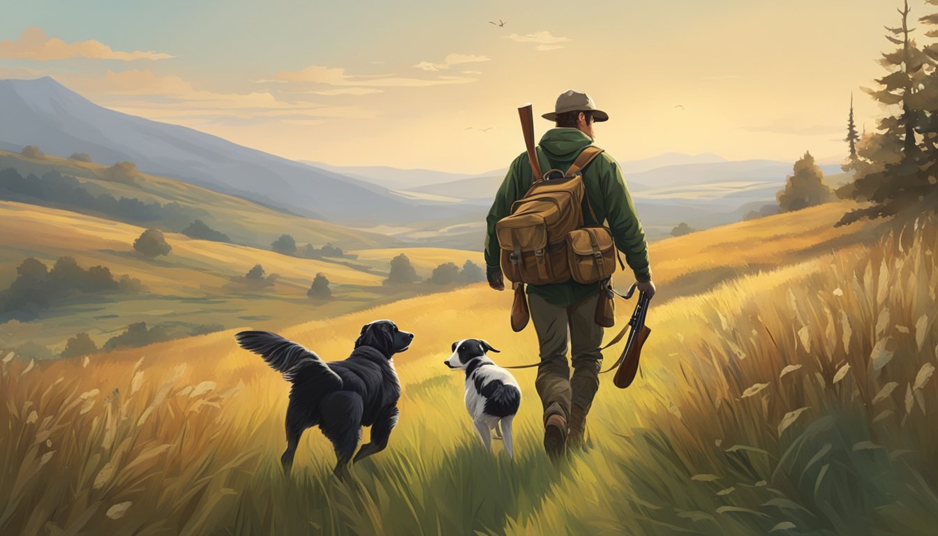 A hunter carrying a shotgun and a bag of game birds walks through a grassy upland field with a dog by their side