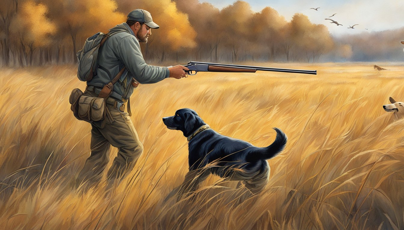 Golden grasses sway as a hunting dog points toward a flushed bird, while a shotgun-wielding hunter stands ready in the background