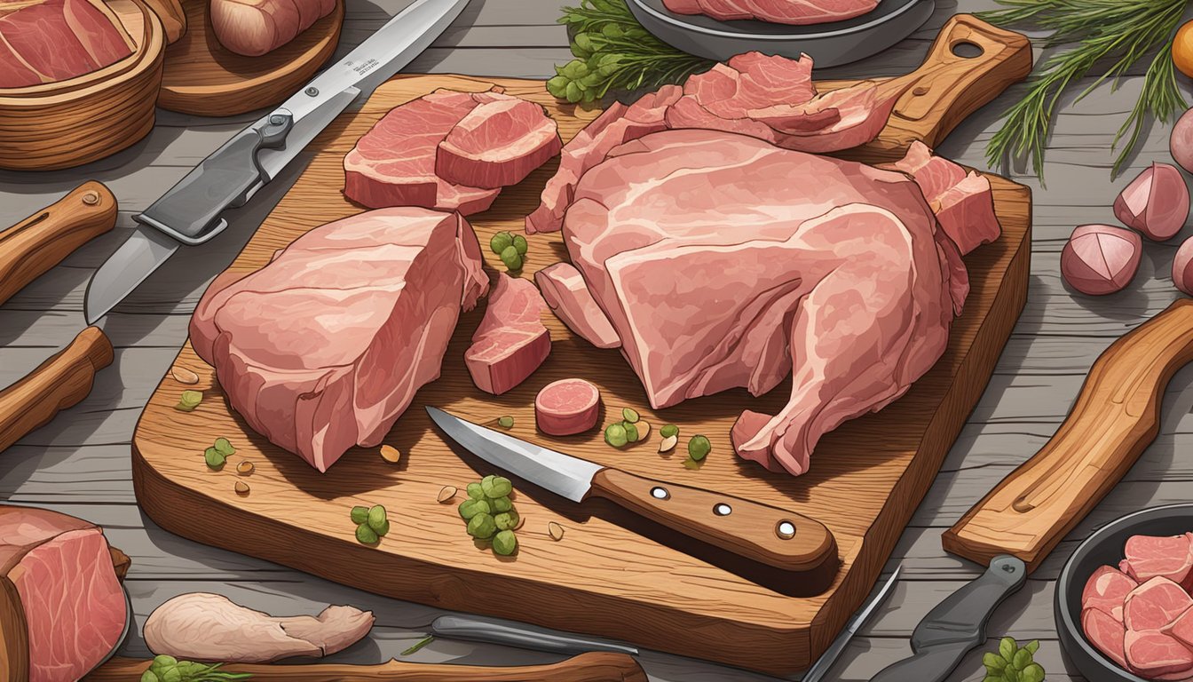 A butcher's table with various cuts of pork, knives, and tools for breaking down a hog