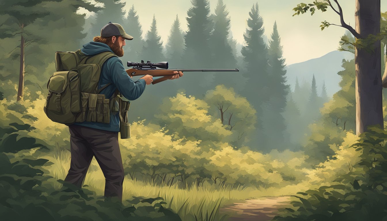 A hunter holding a rifle, standing in a forest clearing with trees and bushes in the background