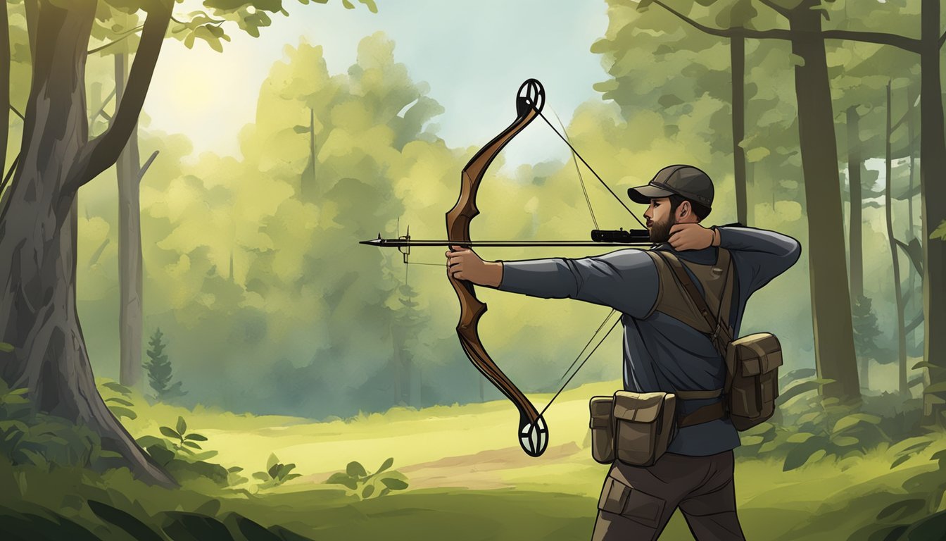 A hunter's bow, arrows, and target set up in a wooded area