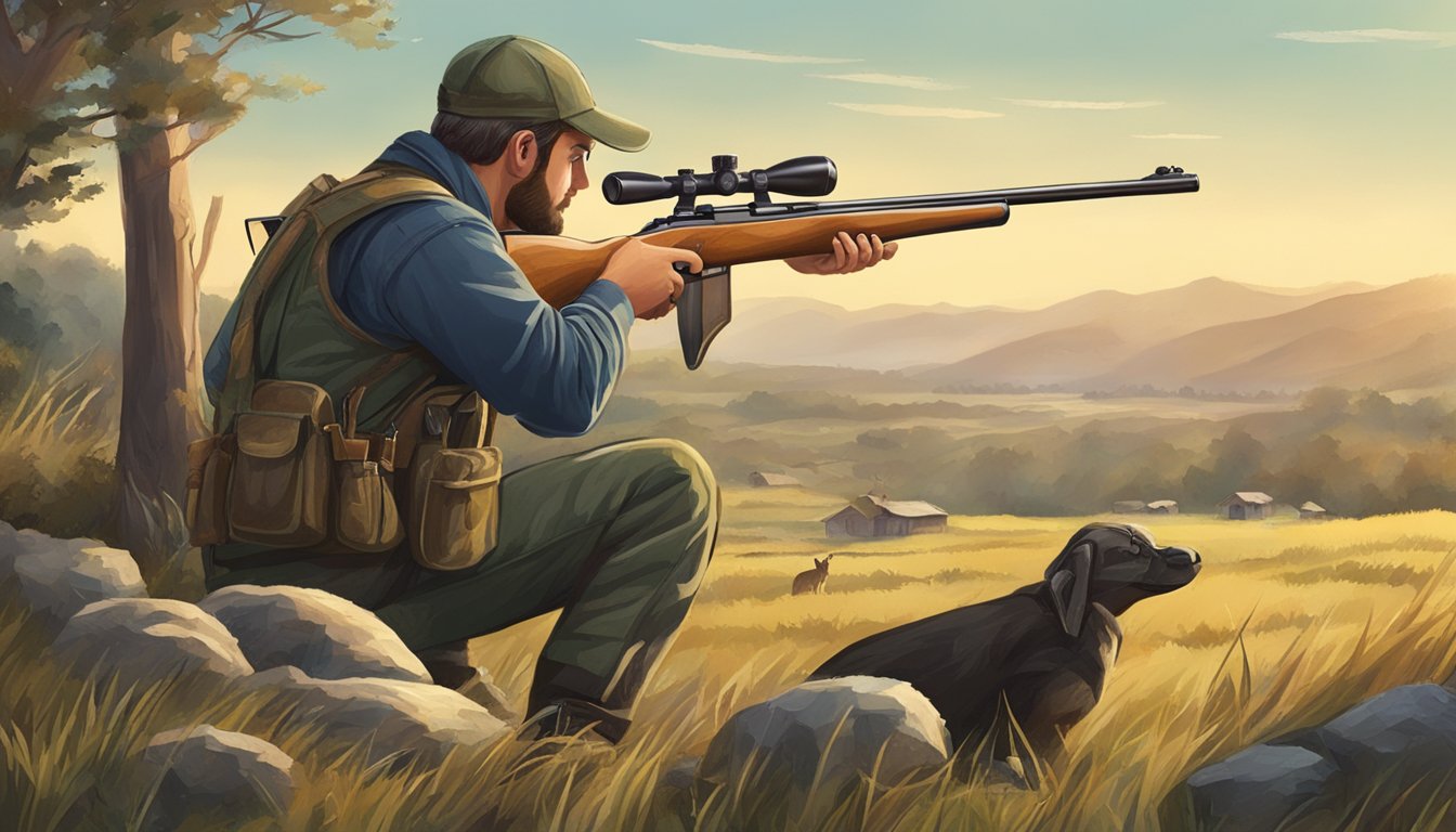 A hunter aiming a rifle at a small animal in a rural setting