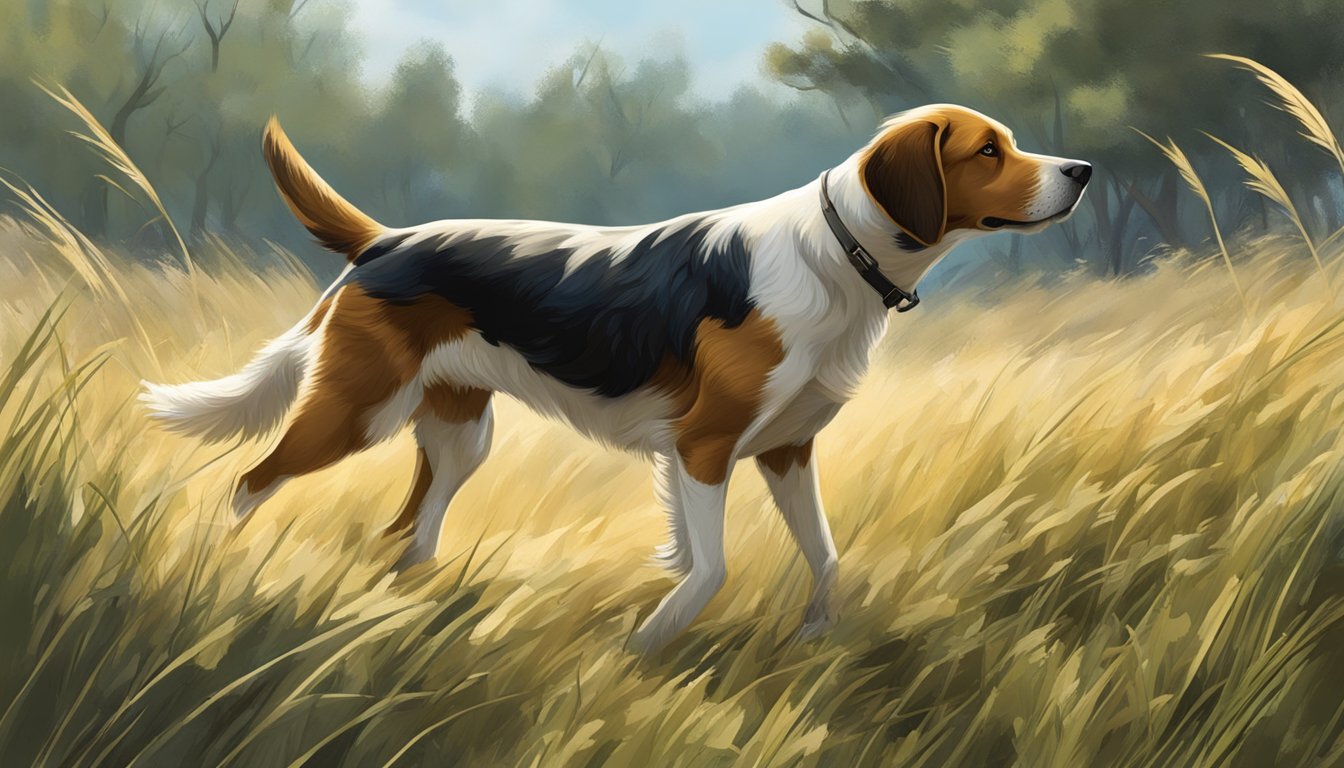 A hunting dog eagerly sniffs the ground, surrounded by tall grass and trees. A bird takes flight in the distance