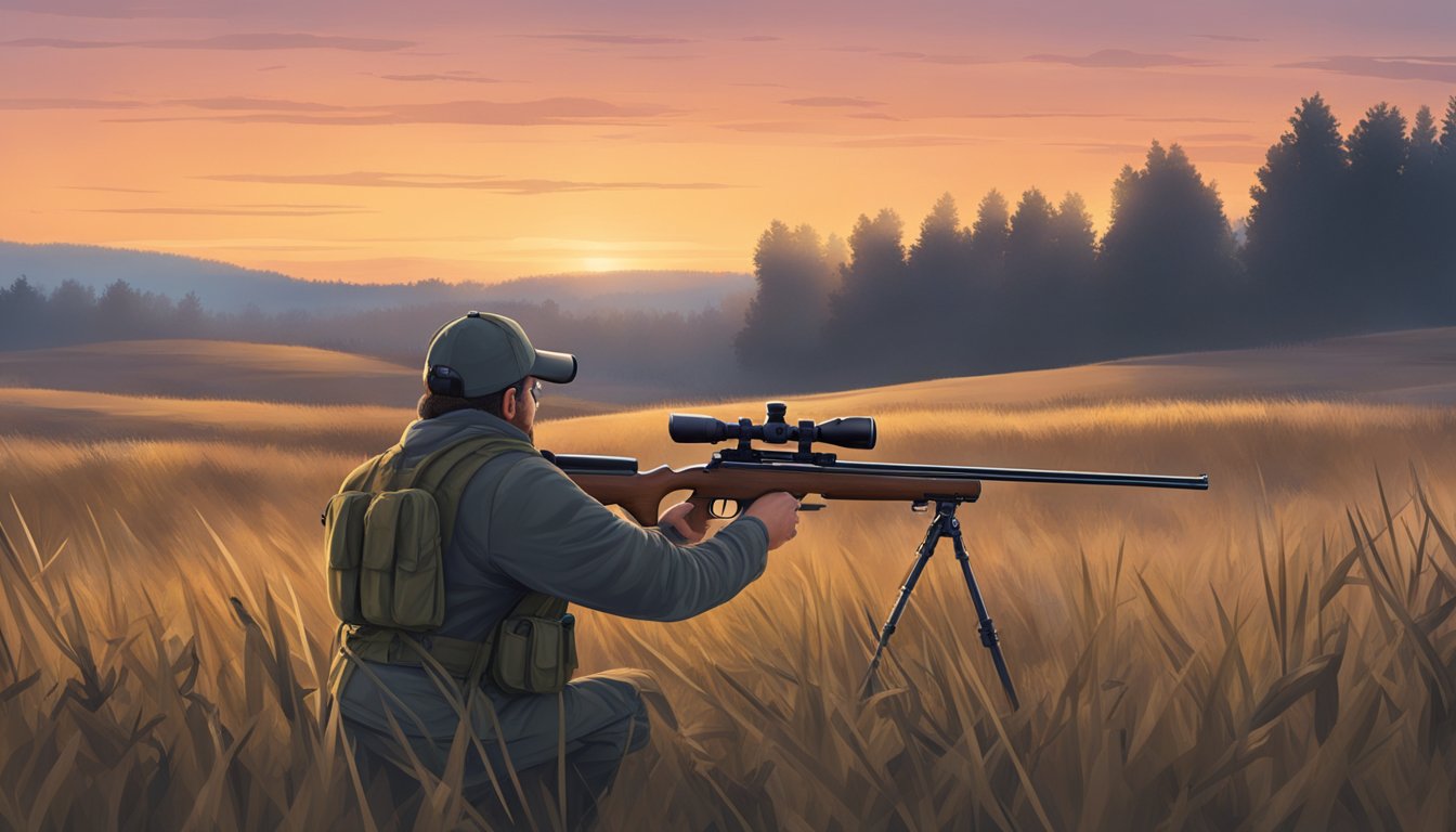 A hunter aims a rifle through a scope at a distant target in a field at dusk