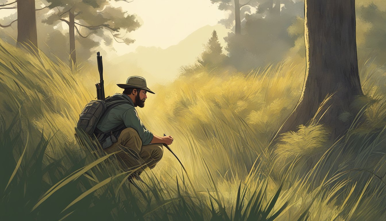 A hunter crouches in tall grass, observing animal tracks and listening for sounds of movement. Surrounding trees and bushes provide cover