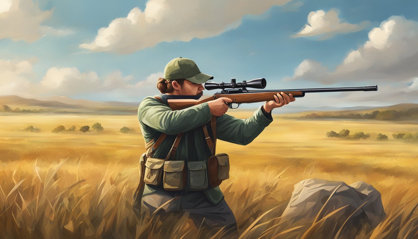 A hunter taking aim at a distant target with a high-powered rifle in a wide open field