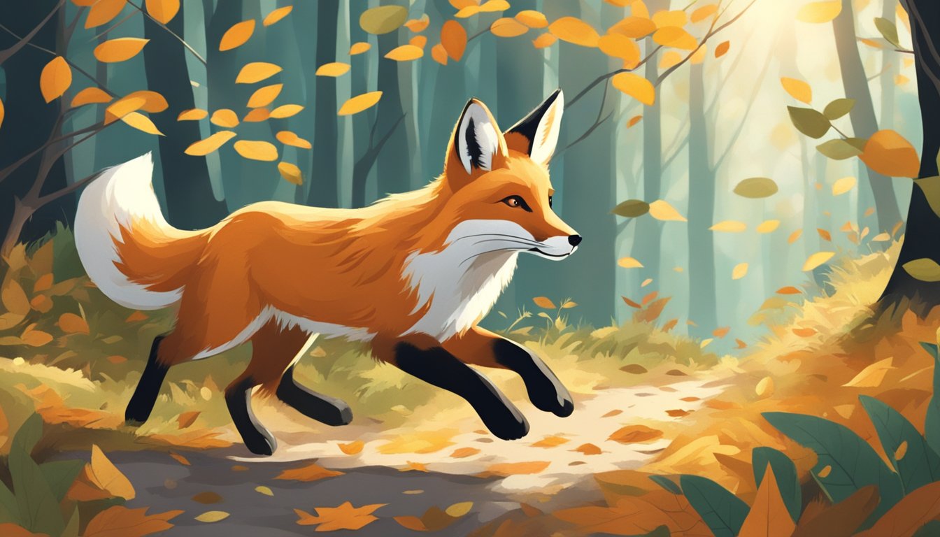 A fox trots through a sun-dappled forest, carrying a plush rabbit in its mouth. Fallen leaves and twigs crunch underfoot