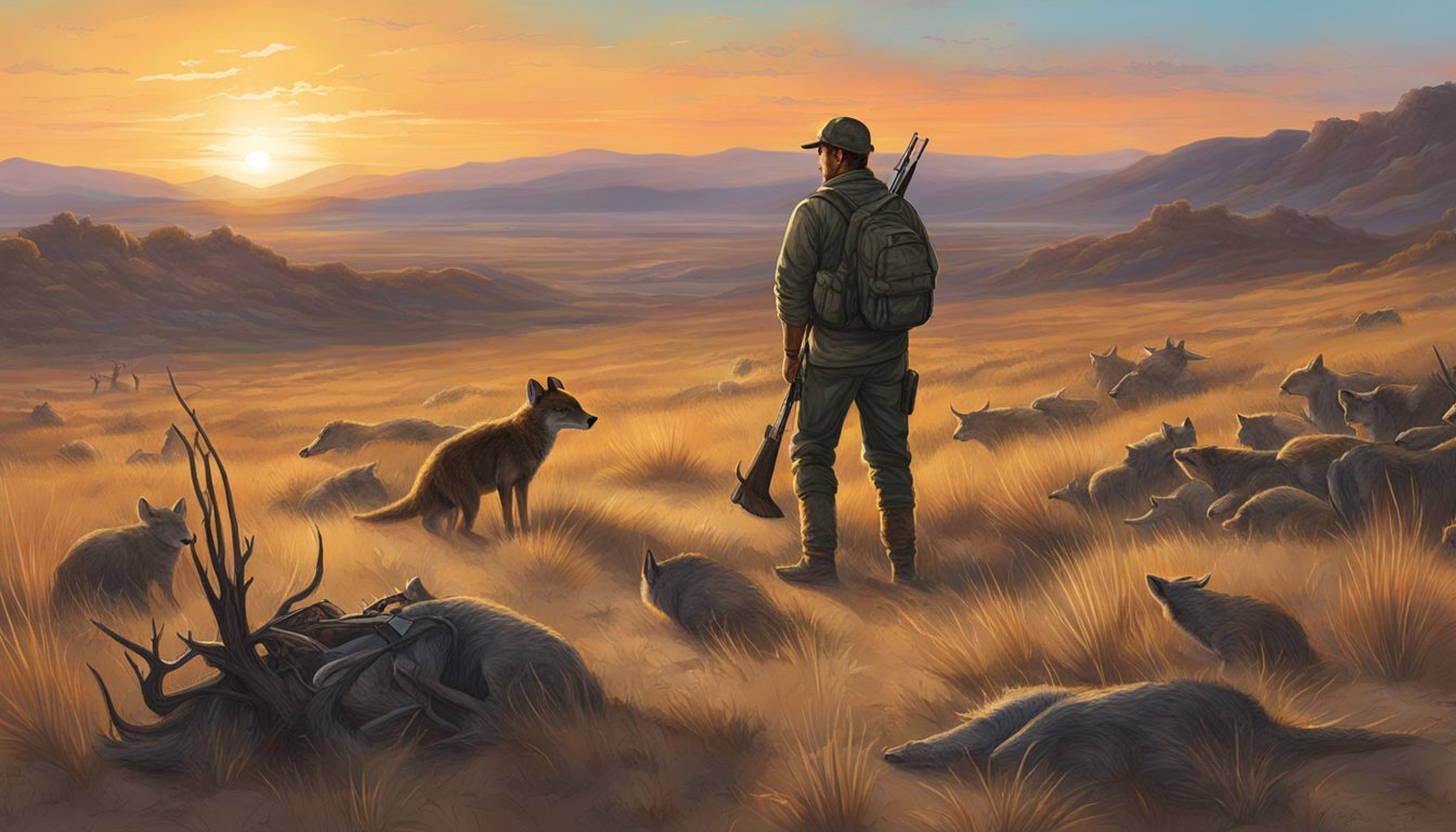 The sun sets behind a barren landscape, as a hunter surveys the aftermath of a successful varmint hunt, with scattered carcasses and the distant sound of coyotes