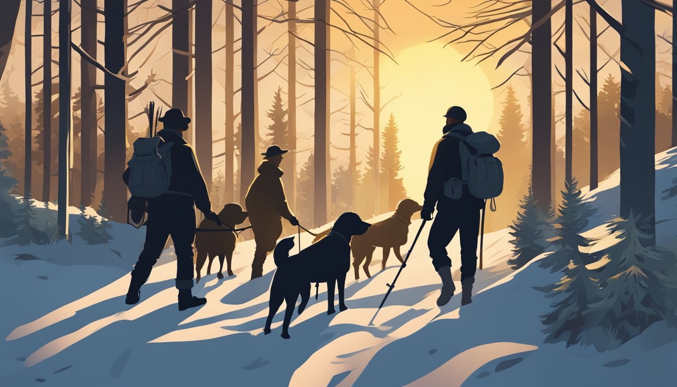 A group of hunters with dogs scouring the woods for varmints. The sun is setting, casting long shadows over the trees