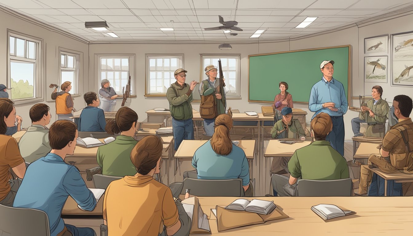 A group of adults gather in a classroom, surrounded by books and hunting equipment. An instructor leads a discussion on hunting techniques and safety