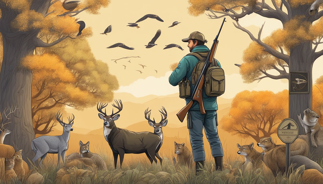 A hunter holding a rifle, standing amidst a variety of wildlife, with a sign displaying hunting regulations for different seasons in Kansas