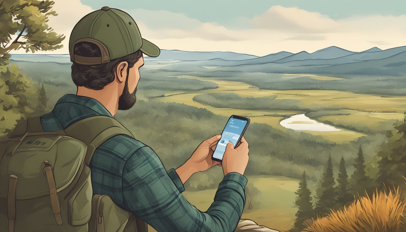 A hunter using a smartphone to apply for a hunting license online, with Georgia's landscape in the background