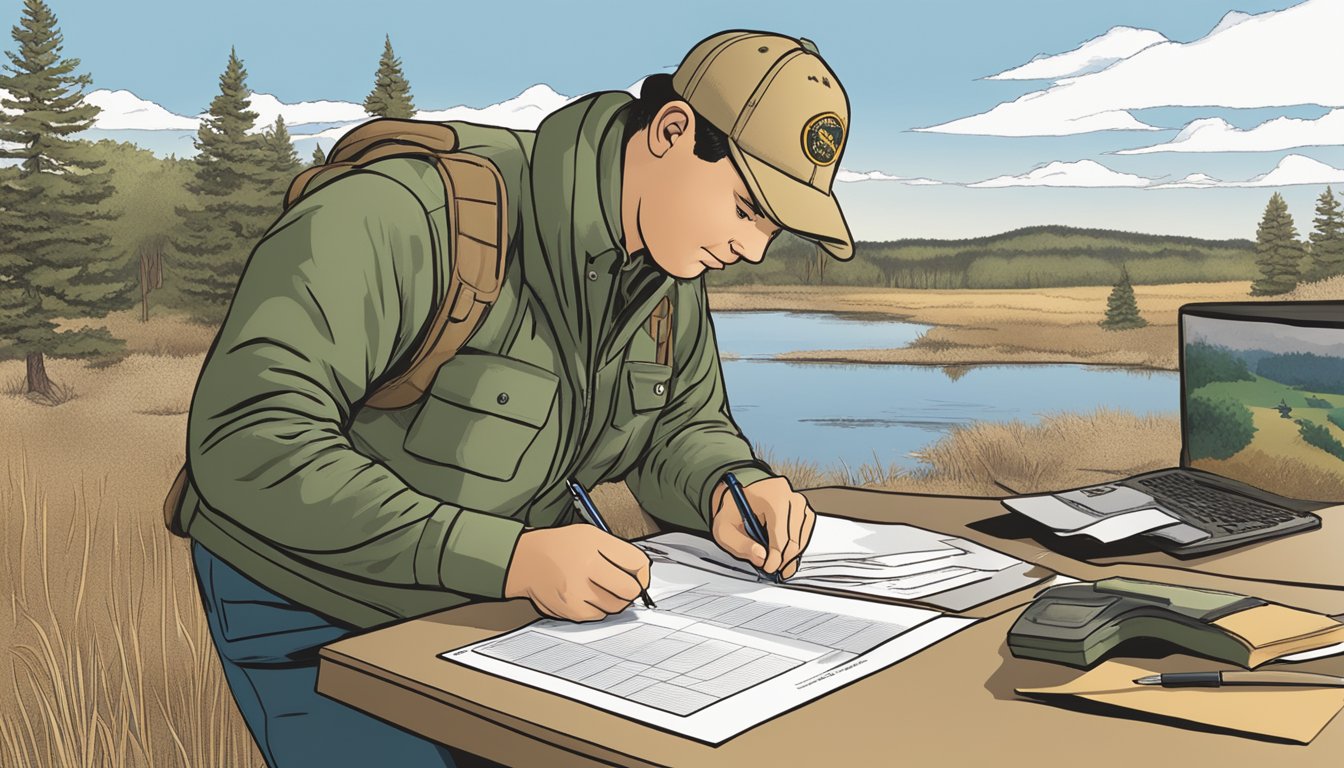 A person filling out a hunting license application at a Kansas Department of Wildlife, Parks, and Tourism office