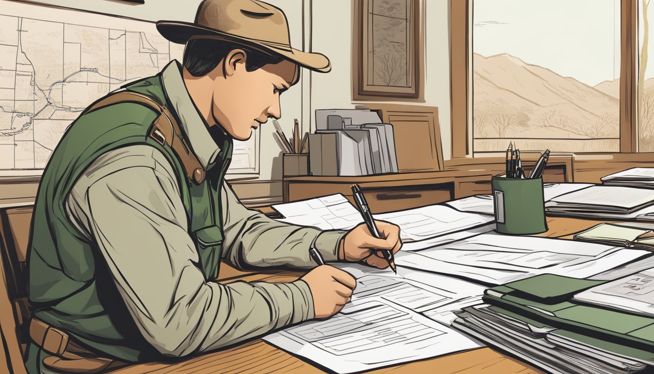 A person filling out a hunting license application at a desk with a pen and paperwork, while a knowledgeable guide points to important sections