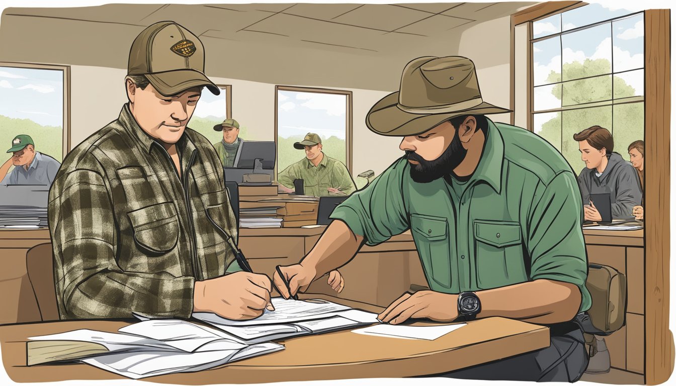 A hunter filling out paperwork at a state wildlife office, with a knowledgeable guide explaining Arkansas hunting regulations