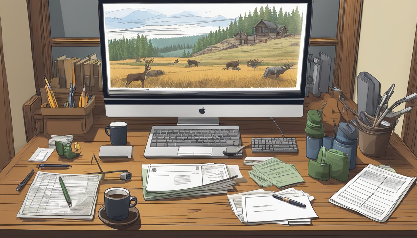 A hunter filling out a Kansas hunting license application at a wooden desk with a computer and various documents spread out