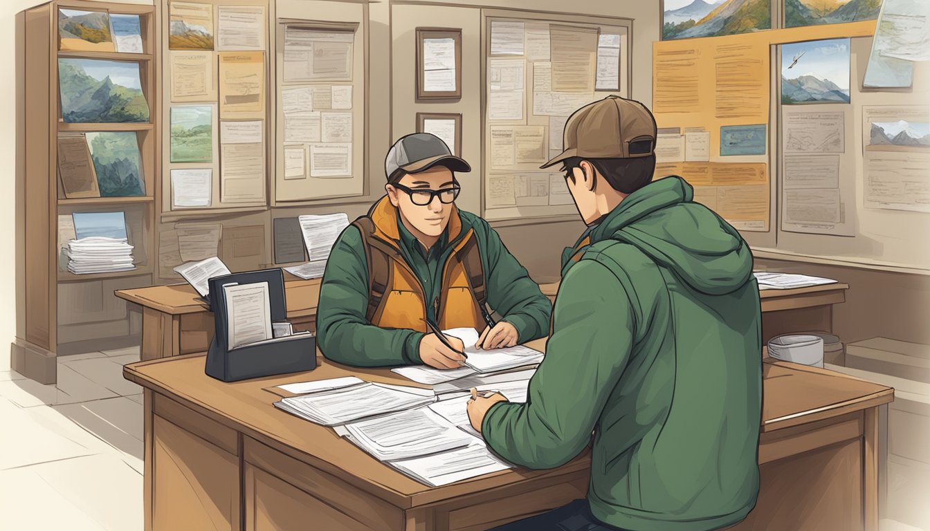 A hunter filling out paperwork at a government office, surrounded by posters and brochures about hunting regulations and permits