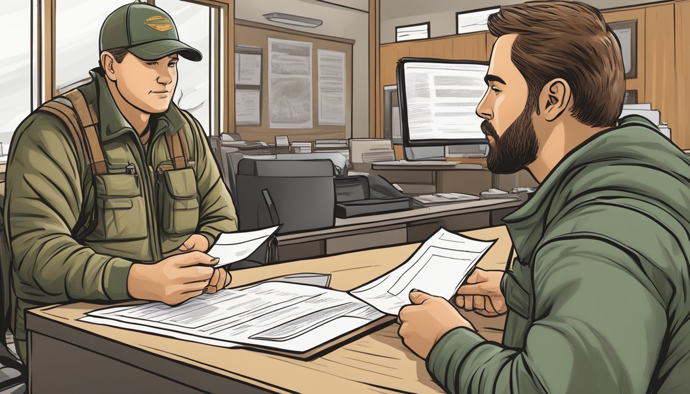 A hunter filling out a hunting license application at a wildlife management office in Arkansas