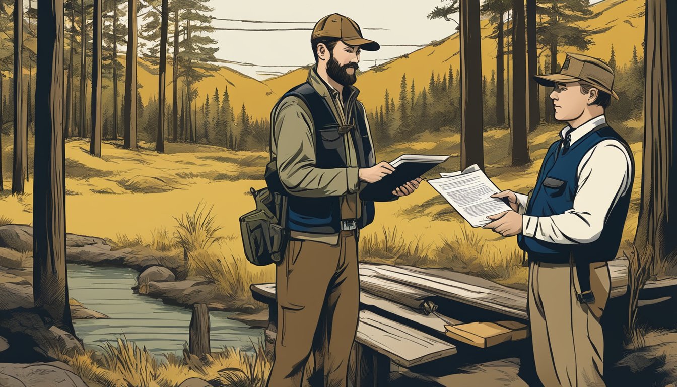 A hunter stands in a wooded area, holding a license application form and speaking with an official at a registration desk. The official gestures towards a sign outlining safety and ethics guidelines for hunting