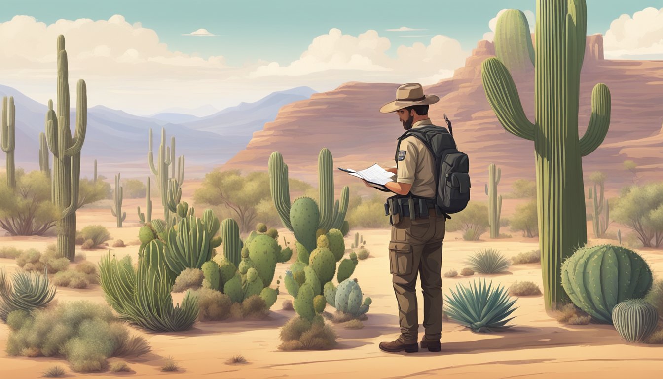 A desert landscape with cacti and mesas, a hunter filling out paperwork at a government office, a ranger explaining regulations