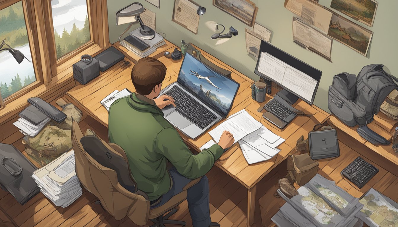 A hunter filling out a hunting license application at a desk with a computer and paperwork, surrounded by images of wildlife and hunting gear