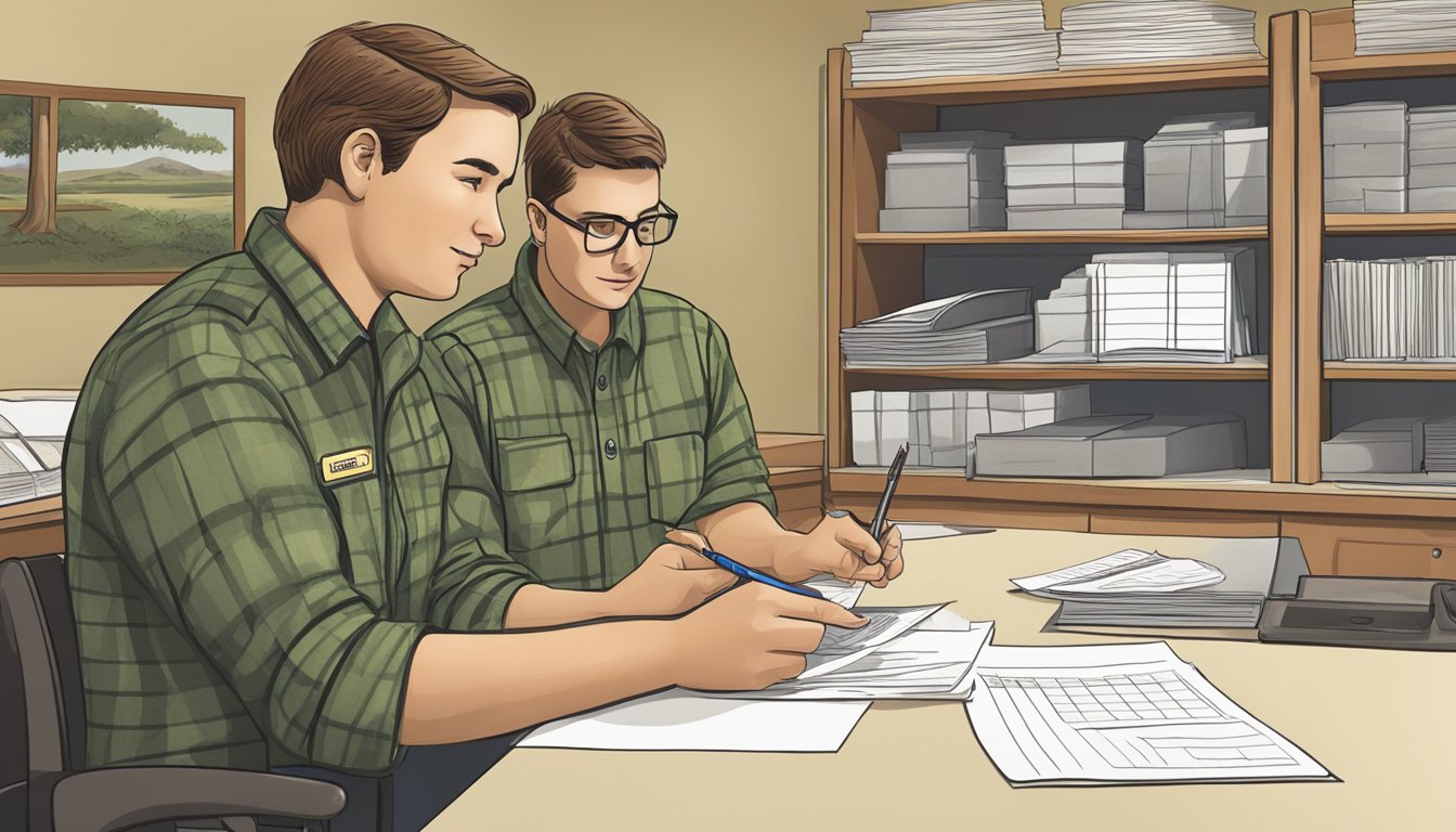 A hunter filling out forms at a state wildlife office, with a helpful employee explaining the process