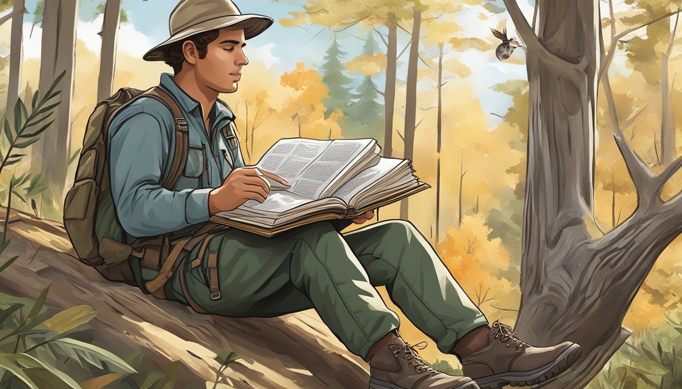 A person studying a hunting guide book, surrounded by nature and wildlife illustrations