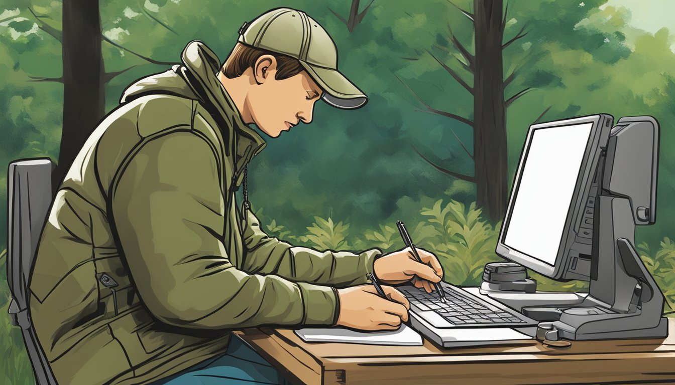 A person using a computer to access the DEEP Online Outdoor Licensing System, filling out forms to apply for a hunting license in Connecticut