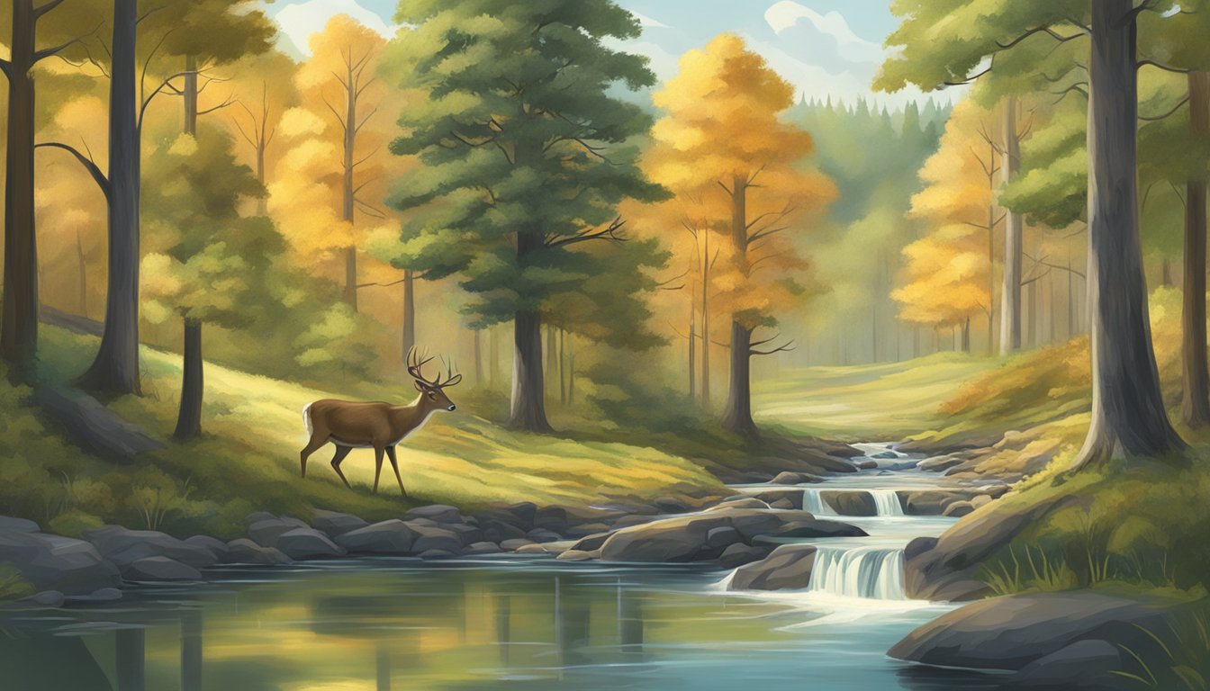 A serene forest with a stream, deer, and a hunter obtaining a hunting license from a government office