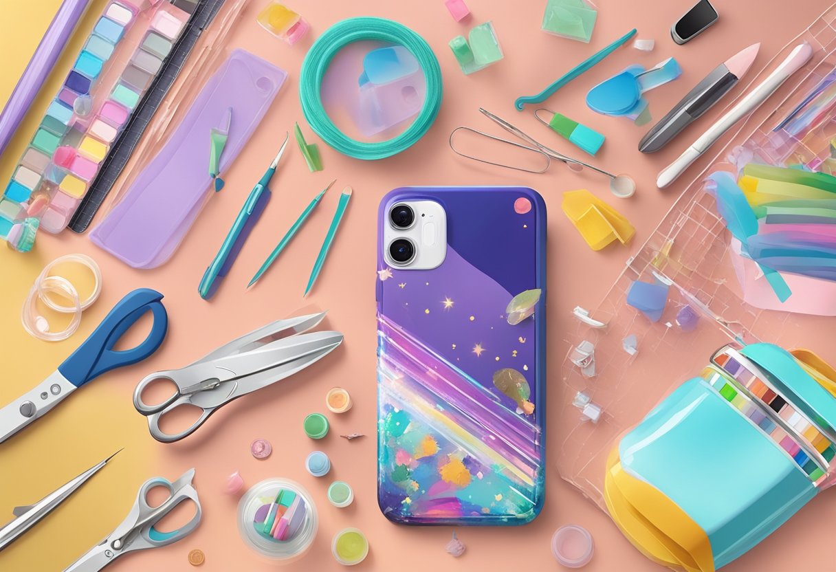 A table with a phone case, materials like silicone, plastic, and decorative items like stickers, glitter, and paint. A pair of scissors and glue are also present