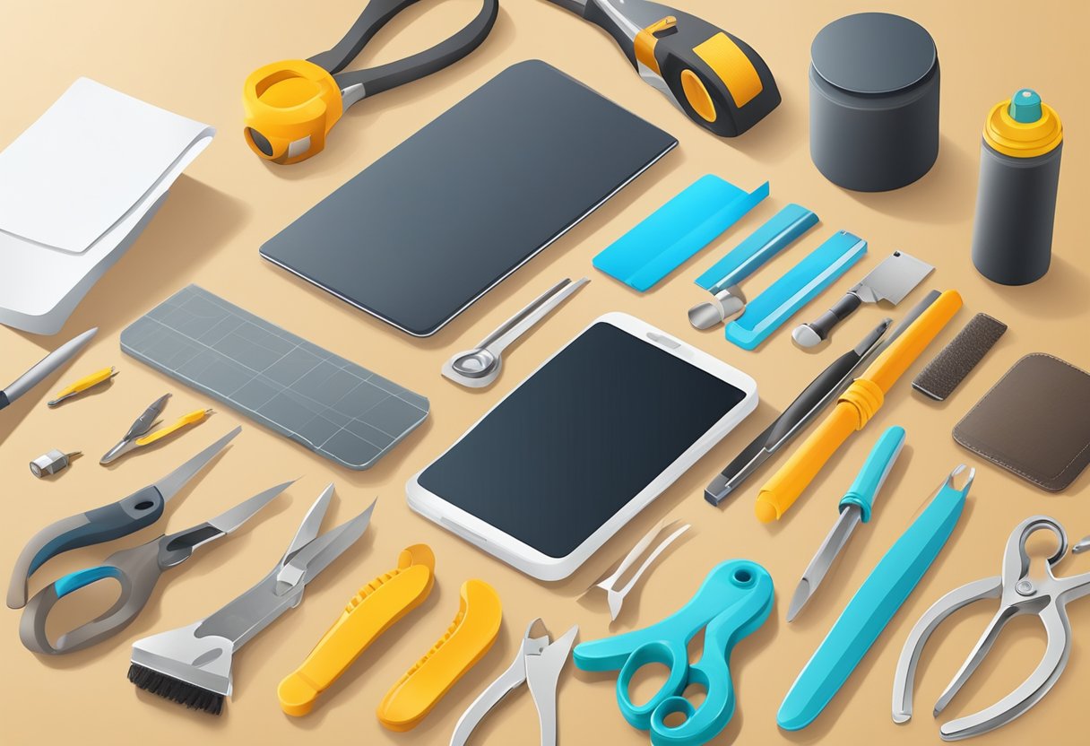 A table with various materials - plastic, silicone, leather, and metal - alongside tools like scissors, glue, and a phone template