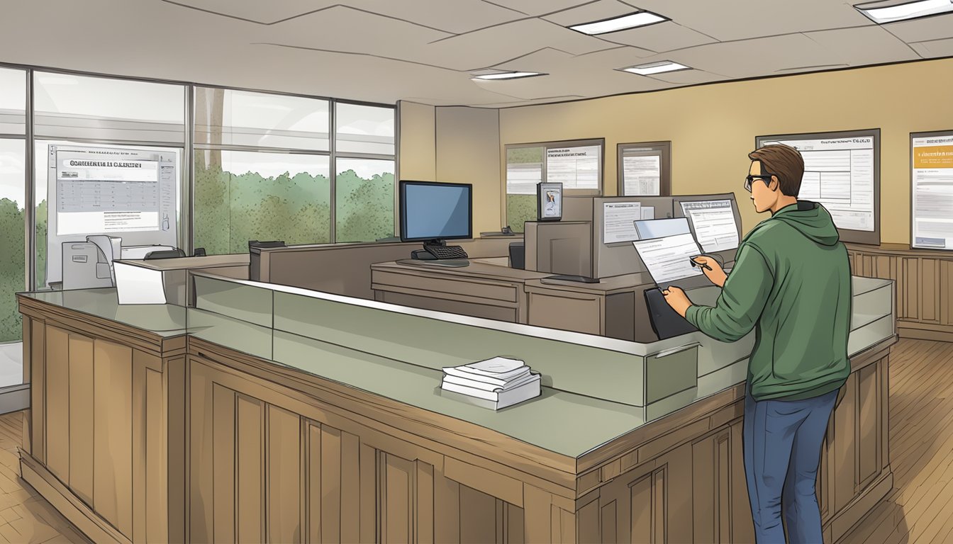 A person filling out a hunting license application at a government office counter