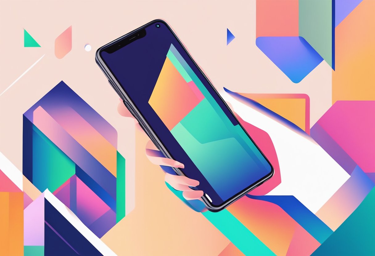 A hand holding a phone with a sleek, minimalist case. The phone is set against a modern, geometric background with bold, vibrant colors