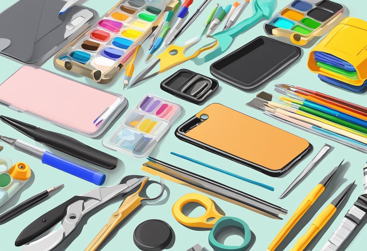 A table with various tools and materials for DIY phone case creation, including paint, markers, glue, scissors, and a blank phone case