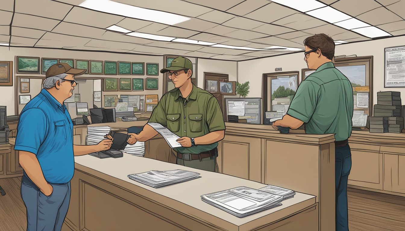 A hunter purchasing a Louisiana hunting license at a wildlife office counter