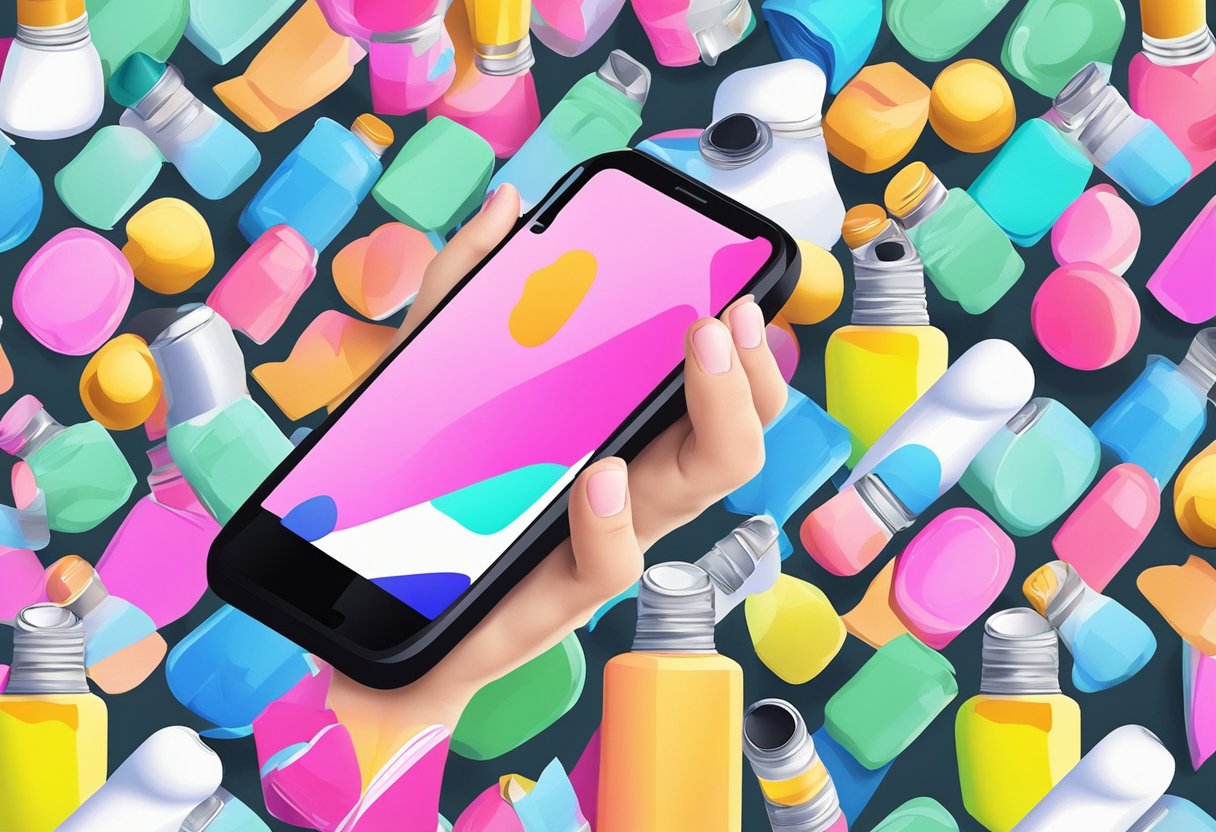 A hand holding a blank phone case, surrounded by colorful paint tubes and decals