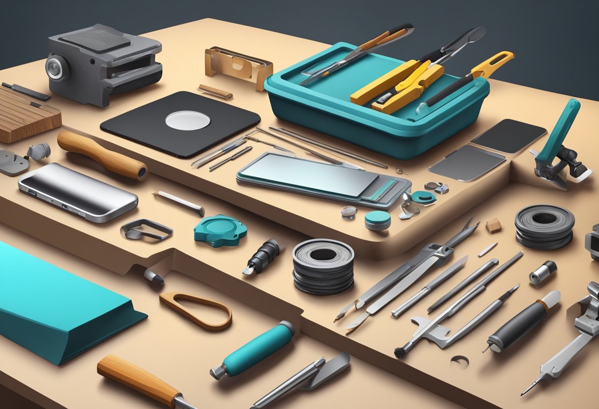 A workbench with various tools and materials for crafting phone cases, including textured and dimensional elements