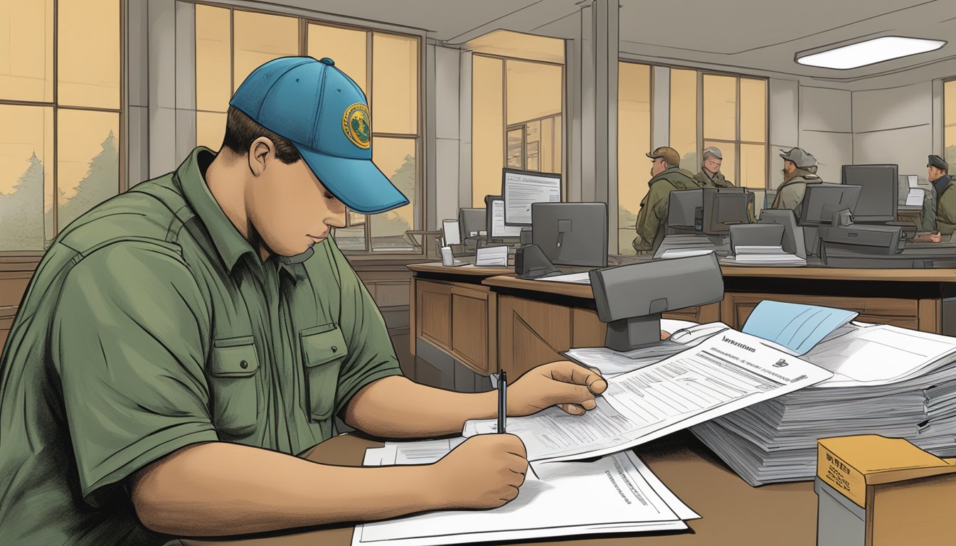 A person filling out a hunting license application at a Delaware Department of Natural Resources and Environmental Control office