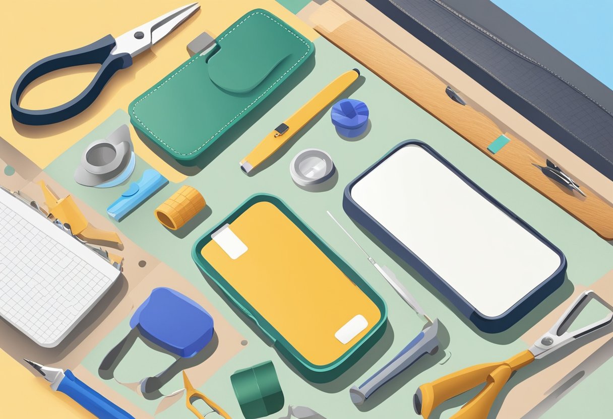 A hand holding a phone case, surrounded by tools and materials for crafting