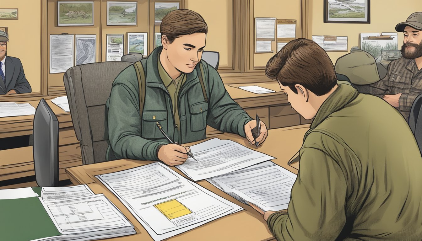 A hunter filling out a hunting license application at a Delaware state wildlife office, with a helpful guide providing information and assistance