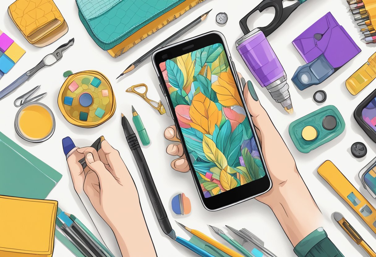 A hand holding a phone with a custom-designed case, surrounded by art supplies and tools for creating unique phone cases