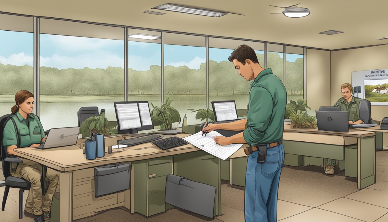 A person filling out a hunting license application at a Florida wildlife office