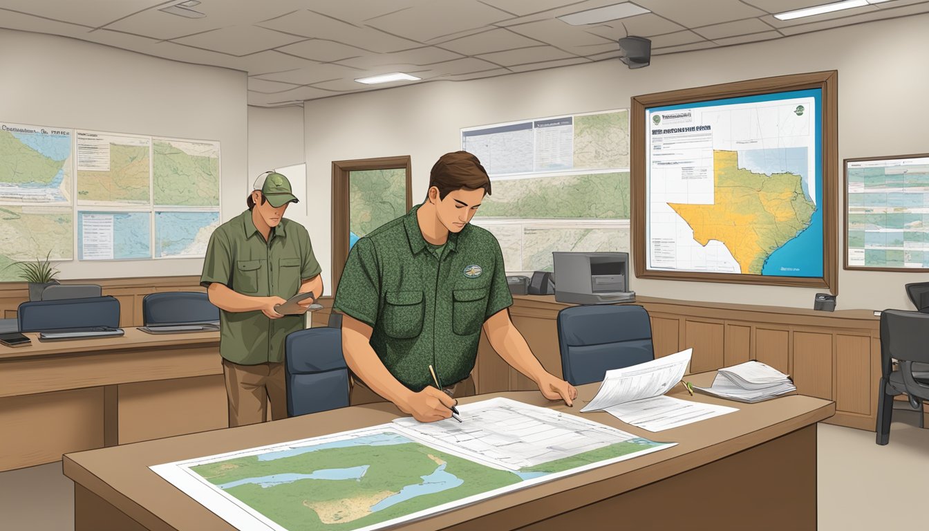 A person filling out a hunting license application at a Florida wildlife office, with a clerk assisting and a map of hunting areas on the wall