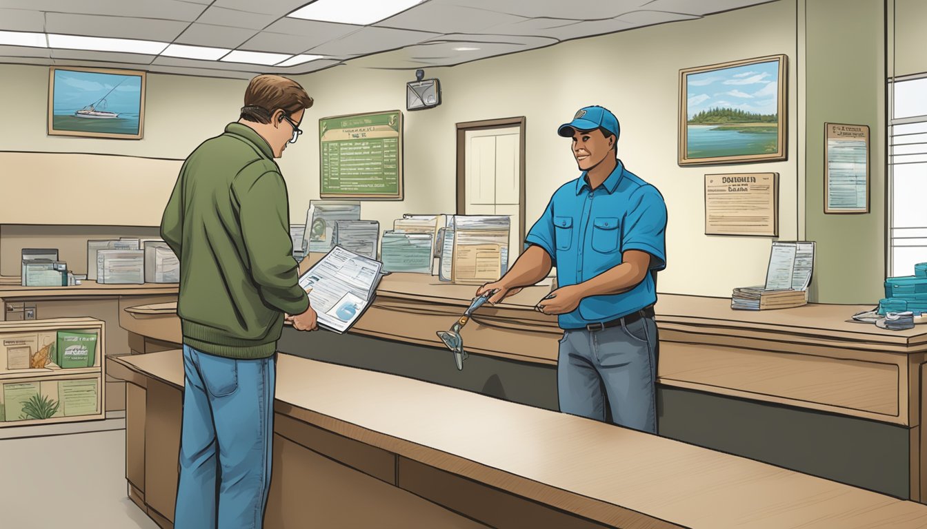 A person standing at a government office counter, receiving a fishing, crabbing, and clamming license, while being guided on how to obtain a hunting license in Delaware