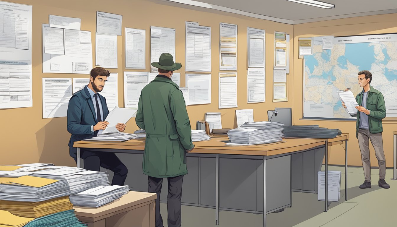 A hunter filling out forms at a government office, surrounded by posters and information on special permits and vehicle registrations